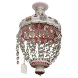 A 20th century Bohemian glass baguette chandelier, enamel shade and glass lustre drops, drop 40cm