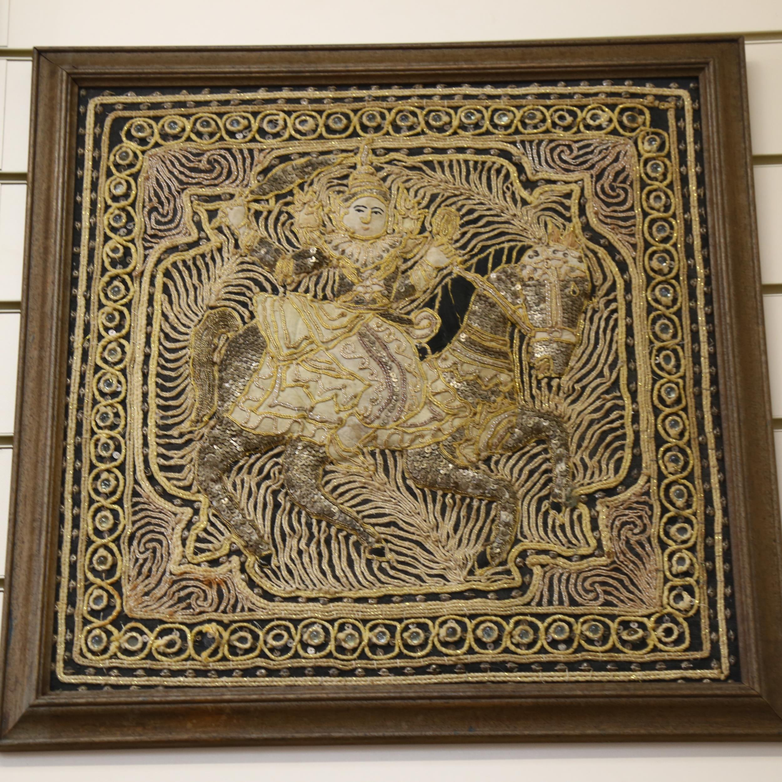 2 Burmese Kalaga tapestries, both framed, largest 58cm x 58cm - Image 2 of 2