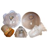 A group of 5 Vintage glass lamp shades, various designs and styles, largest diameter 25cm