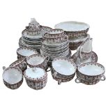 Spode Fleur De Lis brown and white patterned dinner service and matching tea set for 8 people,