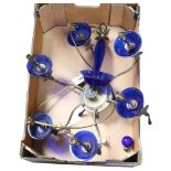 A brass 6-branch chandelier, with blue glass fitments