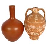 A terracotta 2-handled vase with painted decoration, height 29cm, and a terracotta bottle vase