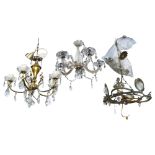 A gilt-metal 4-branch chandelier with glass lustres, drop approx 65cm, a pressed metal chandelier