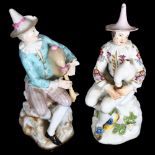 A pair of Continental porcelain musician figures seated on rocks, with blue cross swords mark,