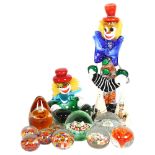 2 Murano style glass clowns, tallest 30cm, a pair of Clarice Cliff design salt and pepper, and a