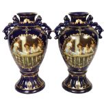 A pair of Royal Limoges cobalt blue 2-handled baluster vases with portrait panels, H35cm Good