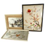 2 Chinese needleworks on silk panels, depicting birds and flowers, and another depicting Mount