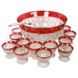 Vintage Fostoria glass punch bowl with 12 cups, 33.5cm across