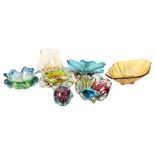 A group of Art glass bowls and dishes, all unsigned, including a green and blue leaf decorative