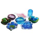 A group of Vintage Art glass bowls and vases, all unsigned, including several blue glass bowls and