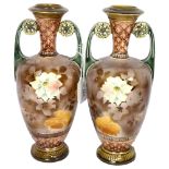A pair of Continental glazed 2-handled vases, incised marks to the base H32cm