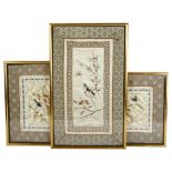 A group of 3 Chinese needlework on silk pictures, depicting birds flowers and butterfly, all framed