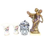 A painted composition Art Deco style figure on plinth, height 42cm, a pair of painted porcelain