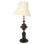 A patinated metal table lamp and shade, possibly the Stiffel Company, overall height 84cm
