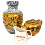 Glazed earthenware teapot with painted design, signed W. Aebi Hasle 16cm, a Continental vase with