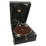 HMV - a model 101 portable gramophone, in black carry case, with winding handle mechanism, length