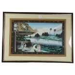 2 large framed Indian paintings on fabric, figures by a lake, and figures in a park, both framed