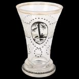 A 19th century Bohemian glass flared beaker, with hand painted monochrome watercolour aperture