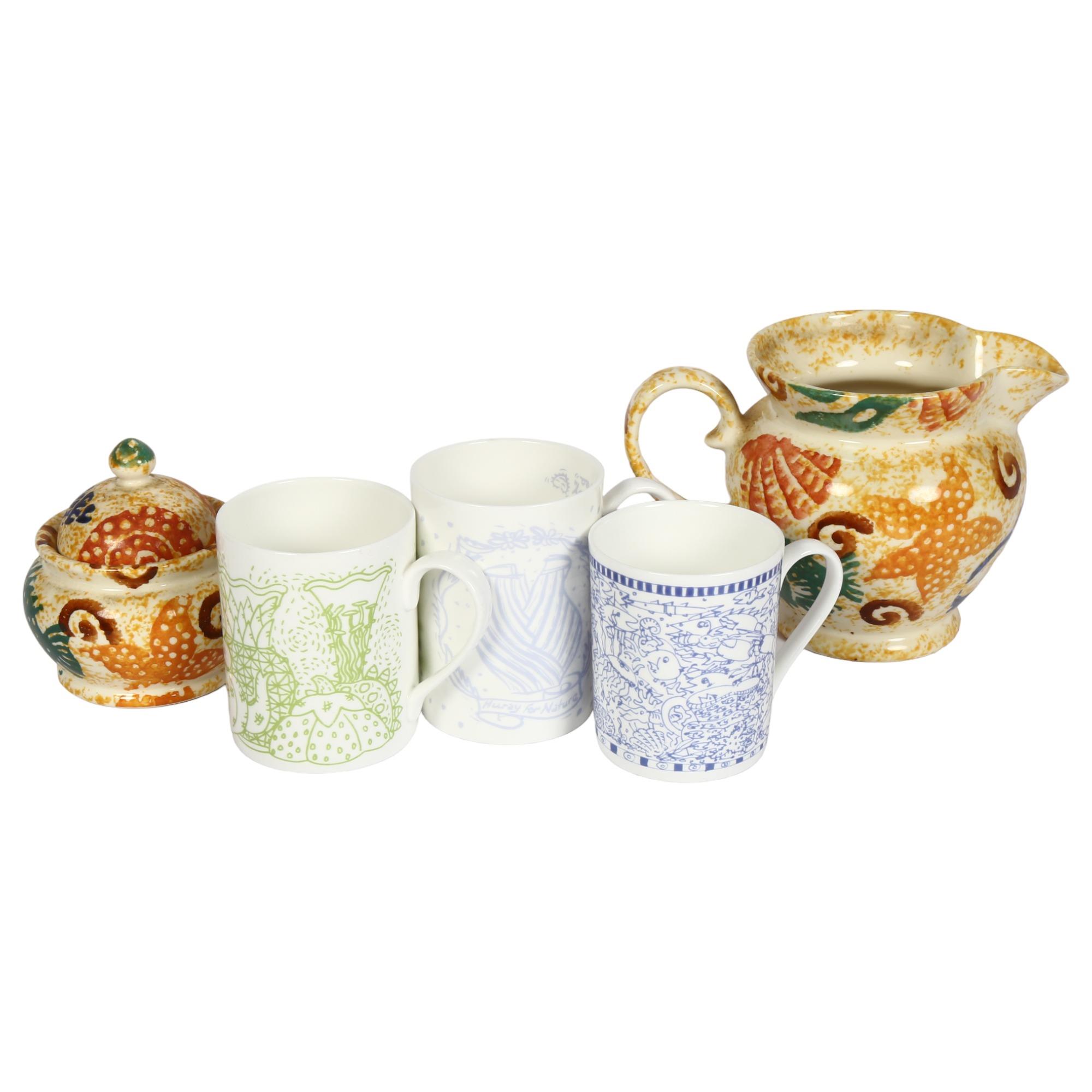 3 Kate Malone designed ceramic mugs and 2 pieces of Moorland spongeware, all with makers marks.