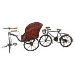 Miniature rickshaw with basketwork seat, and a miniature iron bicycle, length 44cm