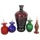 A Venetian silver overlay carafe, 18.5cm, 3 Murano scent bottles and stoppers, and another