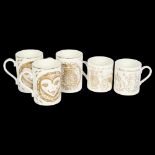 5 Kate Malone designed ceramic mugs, for Balls Pond Studio, all with gilt decoration, 3 "Hooray
