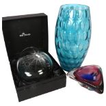 A large blue glass vase, 36cm, a Dartington Crystal 2011 vase commemorating the Artemis Grand Voyage