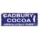 A blue and white monochrome enamel sign, Cadbury's Cocoa Absolute Pure, length 40cm