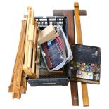 A quantity of artist's and drawing materials, to include a Vintage pine easel, a Vintage T-square,
