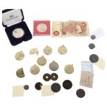 Various coins, including Hatfield hoard, bronze antoninianus, Elizabeth II Falkland Islands silver
