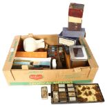 A box of Vintage Chemist's and Apothecary's items, including a crystal atomiser, burettes, a cast-