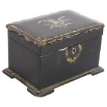 A Victorian papier mache tea caddy, with painted gilded decoration, width 20cm Some areas of loss