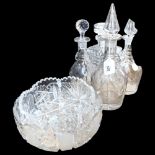 4 glass decanters and stoppers, tallest 32cm, and 2 cut-crystal fruit bowls