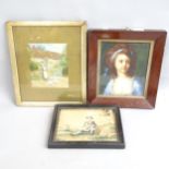 A group of Antique coloured prints, oils and watercolour (6)