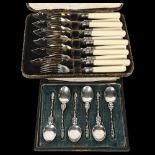 Cased set of 6 teaspoons with Apostle ends, and a cased fish service for 12 people