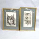 R L Browning, pair of watercolours, landscape views, pair of Continental etchings, building studies,