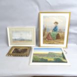 A reverse print on glass, cathedral study, watercolour, study of a figure sewing on the beach, and 2