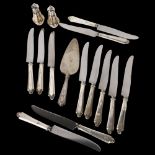 A set of 12 sterling silver-handled dinner knives, a sterling silver-handled cake slice, and a