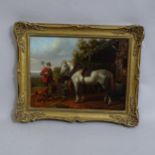 Contemporary oil on board, portrait of a man horse and dog by a stable, signed with monogram, 30cm x