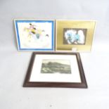 E J W Prior, watercolour, landscape, signed and framed, and 2 Native American gouaches, horse