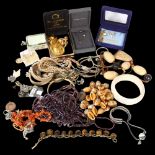 Various costume necklaces, bangles, a pair of tigers eye earrings, tigers eye bracelet etc