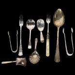A group of various spoons, including 3 caddy spoons, 2 sugar tongs, and a tablespoon, 5.9oz,