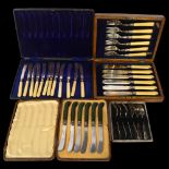 4 various cased sets of cutlery, including a set of 12 ivorine-handled butter knives, fish cutlery