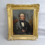 19th century oil on canvas, half length portrait of a gentleman seated in a red chair, image 77cm