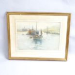 H Dixon, watercolour, fishing boats in a harbour, signed, 60cm x 76cm overall, framed