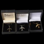 3 sterling silver-gilt aircraft design pendants and chains