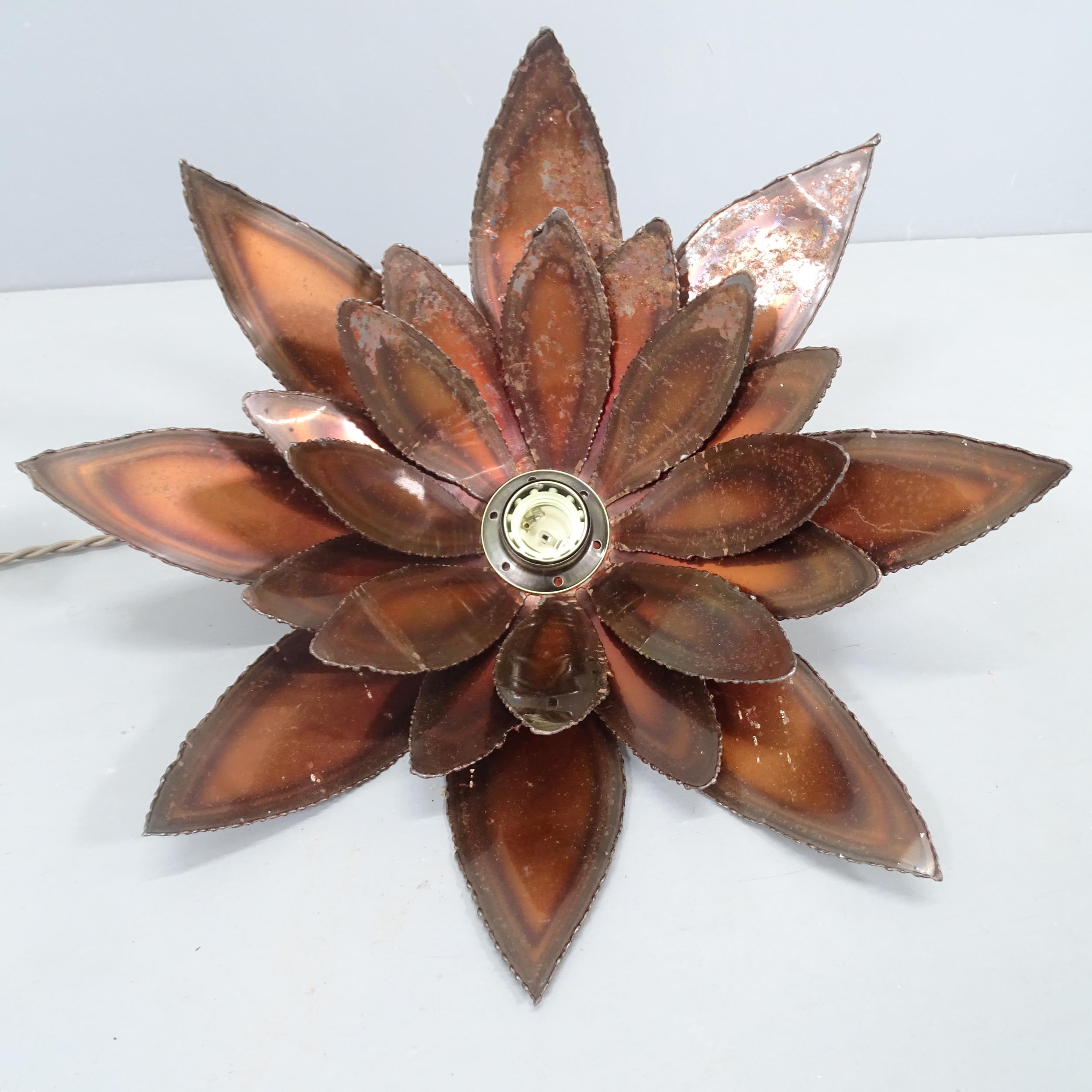 A hand made brutalist metal light fitting, circa 1970s', cut steel, bronzed flower shade, diameter - Image 2 of 3