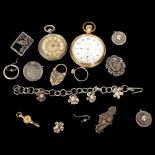An Elgin brass-cased top-wind pocket watch, a Continental fob watch, a flowerhead design silver