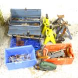 A group of tools, to include: car jacks, hand tools, spanner set, full toolbox, jigsaw etc.