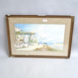 Catano, watercolour, Mediterranean coastal view, 44cm x 63cm overall, framed